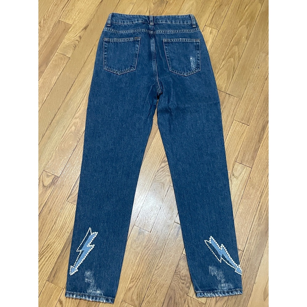 Sandro High-waist jeans lightning inserts faux pearl details Vintage Blue, Sz 4‎ - Picture 6 of 8